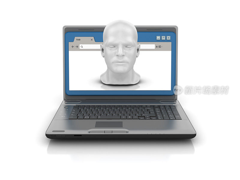 电脑笔记本电脑与网络浏览器和头部- 3D渲染